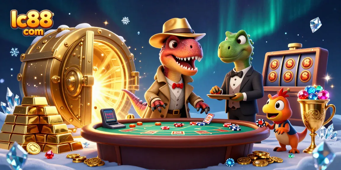 Engage with lc88 com's colorful blackjack scene featuring a velociraptor and vibrant casino elements.