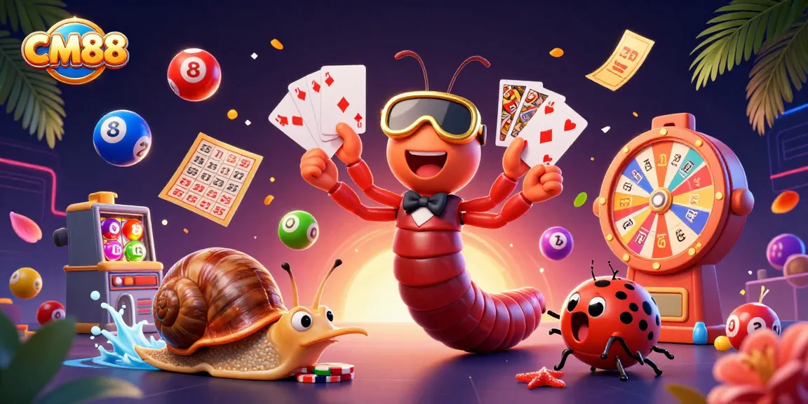 Experience thrilling moments at CM88 through a vibrant scene of cartoon characters engaging in dynamic gambling actions.