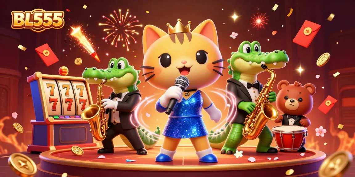 Experience winning moments with BL555's vibrant casino scene featuring entertaining characters and dynamic elements.