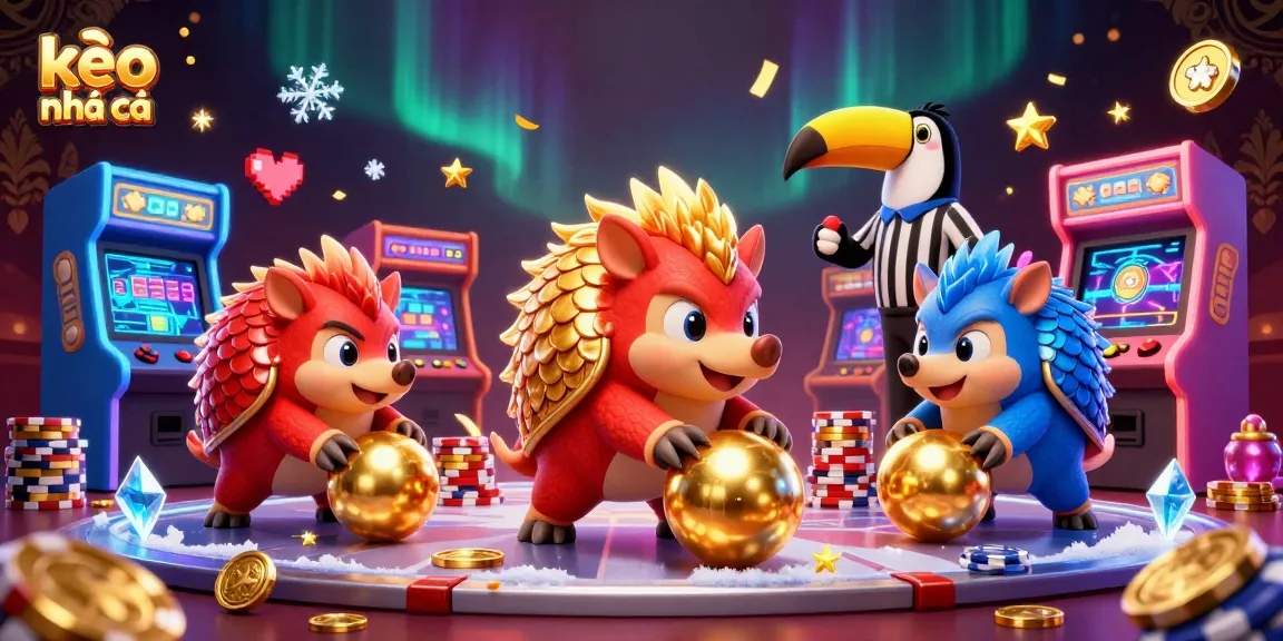 Engage with kèo nhà cái via vibrant casino-themed 3D illustration showcasing playful pangolins and game elements.