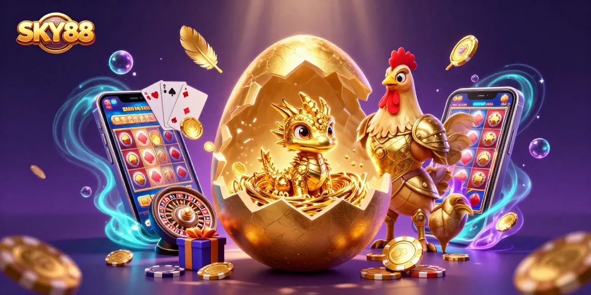 Experience thrilling wins at SKY88 with a gold dragon and captivating casino elements in this vibrant illustration.