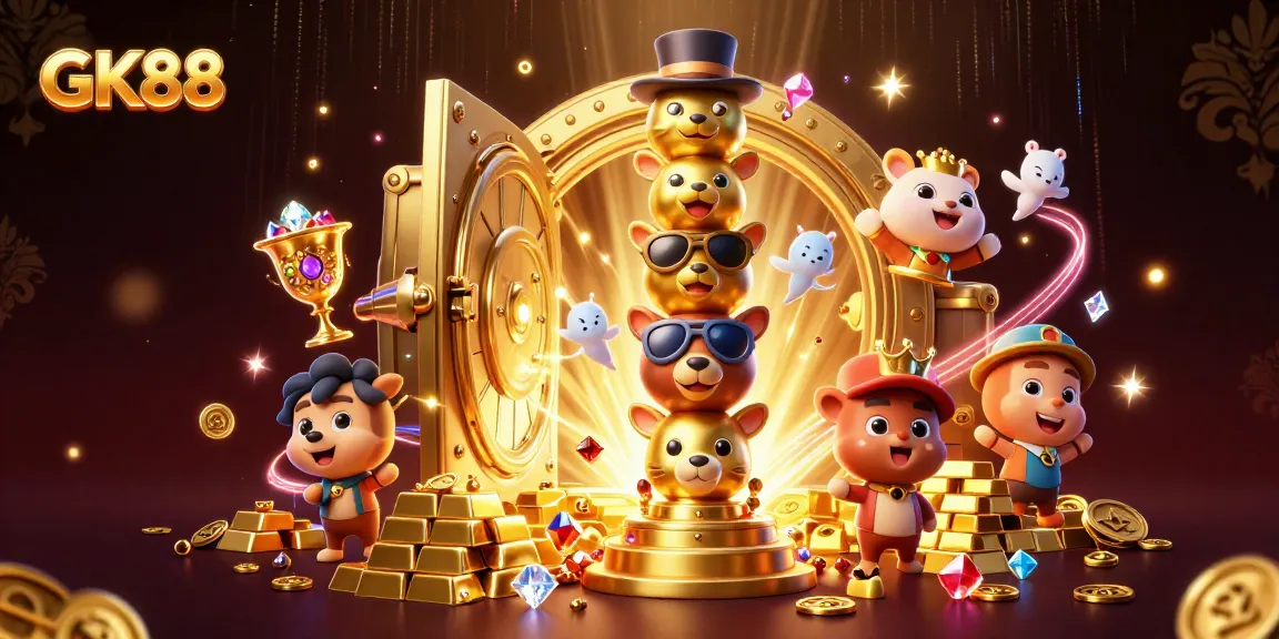 Win big with GK88 while enjoying vibrant casino-themed 3D illustration with gold elements.