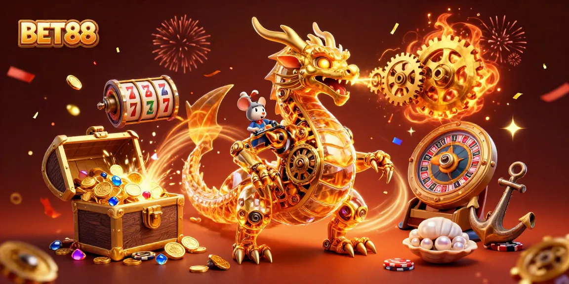 Experience thrilling wins at BET88 with a vibrant 3D casino scene including golden dragons and slot machines.