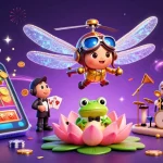 Spin slots and win at qs88, featuring an exciting dragonfly pilot and frog dealer in a vibrant gaming scene.