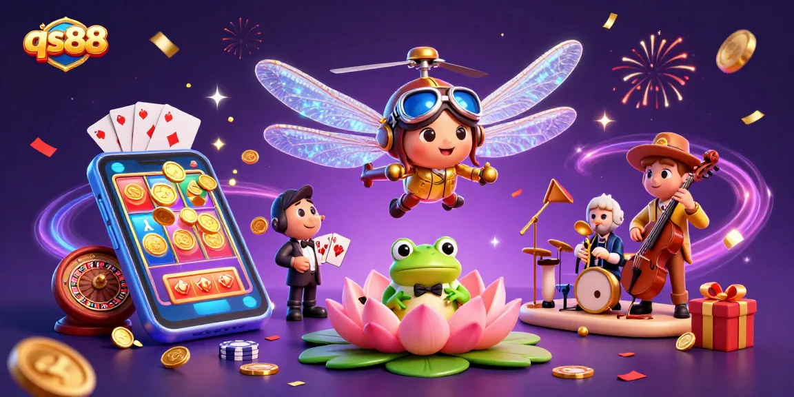 Spin slots and win at qs88, featuring an exciting dragonfly pilot and frog dealer in a vibrant gaming scene.