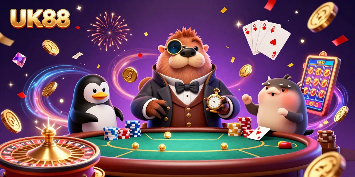 Experience thrilling casino action with UK88's underwater poker scene featuring a walrus, penguin dealer, and pufferfish.