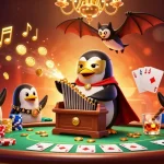 Experience thrilling gameplay at shbet with a cartoon penguin organist shooting golden coins amidst a vibrant casino scene.