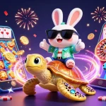 Engage with go99 trang chủ as a lucky rabbit celebrates on a golden turtle amidst vibrant casino games.
