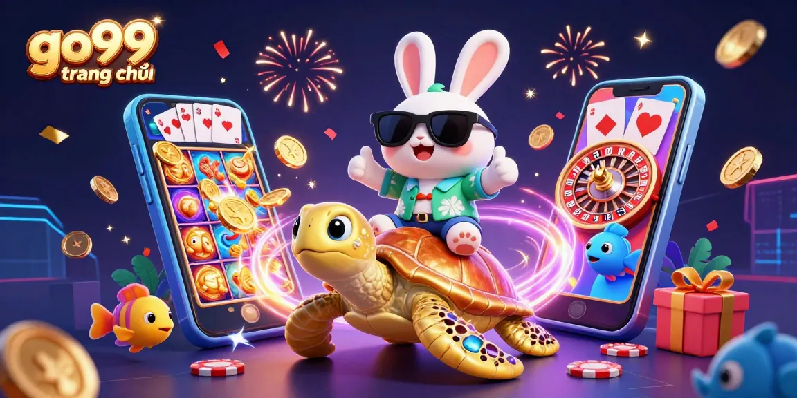 Engage with go99 trang chủ as a lucky rabbit celebrates on a golden turtle amidst vibrant casino games.