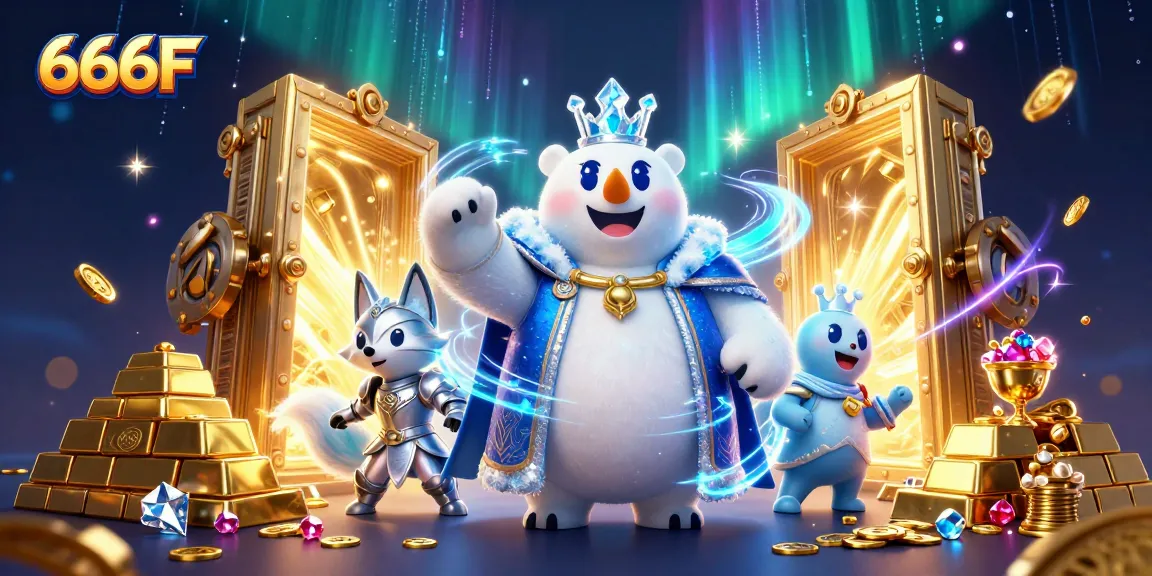 Experience excitement with 666F as the ice king polar bear and snow fox claim treasures in a vibrant casino scene.