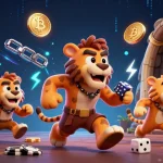 Experience vibrant action at 23Win casino with characters playing amidst cryptocurrency elements.