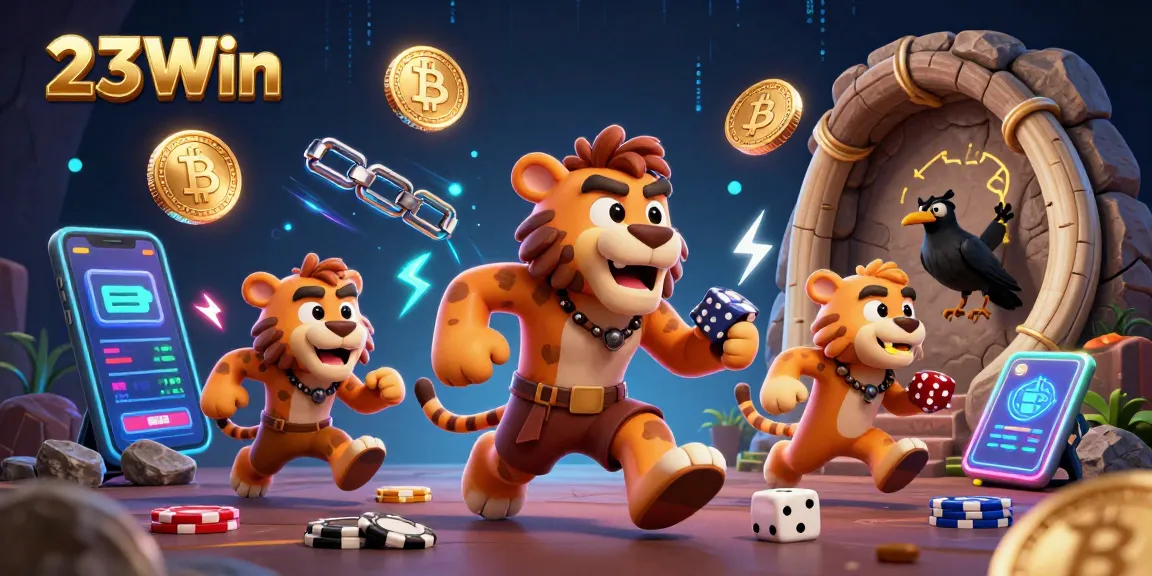 Experience vibrant action at 23Win casino with characters playing amidst cryptocurrency elements.
