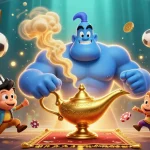 Captivating debet1 illustration showcasing a genie, mystical monkey, and flying poker-carpet amidst sports symbols.