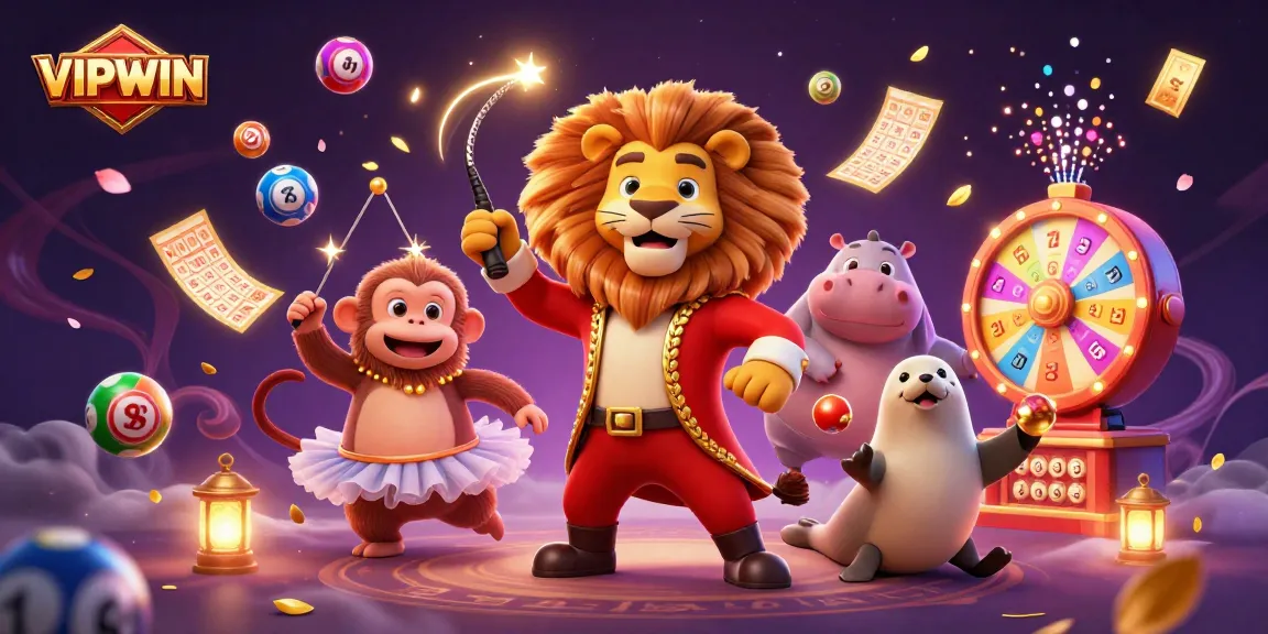 Win exciting prizes at VIPWIN with a magical casino scene featuring colorful game elements.