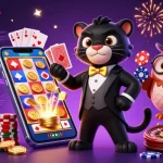 Engage with NHÀ CÁI QS88 as the stylish black panther deals cards in a vibrant casino scene filled with excitement.