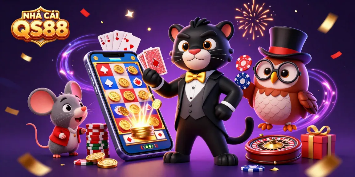 Engage with NHÀ CÁI QS88 as the stylish black panther deals cards in a vibrant casino scene filled with excitement.