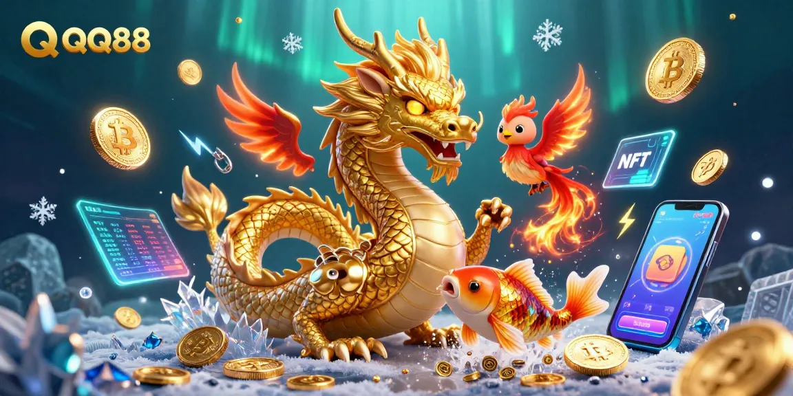 Experience thrilling QQ88 gaming with a dynamic dragon and majestic phoenix amidst neon crypto elements.