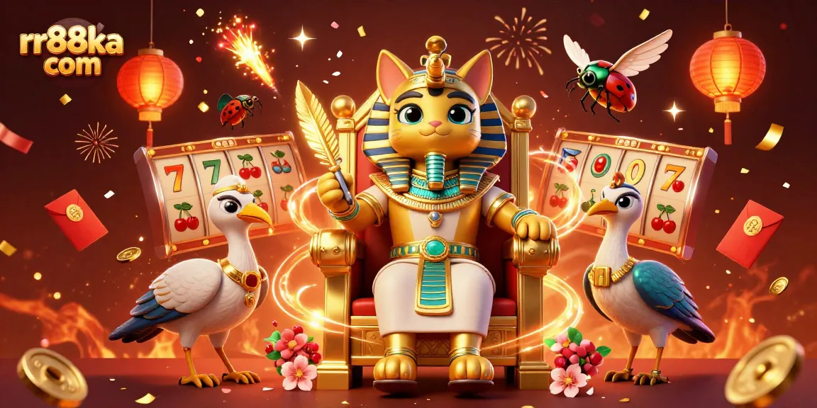 Engage with exciting games at rr88ka com featuring lively slot machines, an Egyptian theme, and festive elements.
