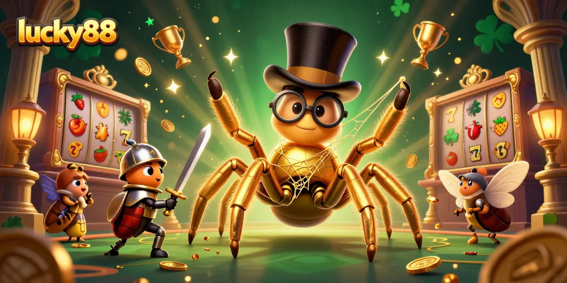 Engage with lucky88's thrilling slot features showcased through cartoon characters in a rich casino scene.