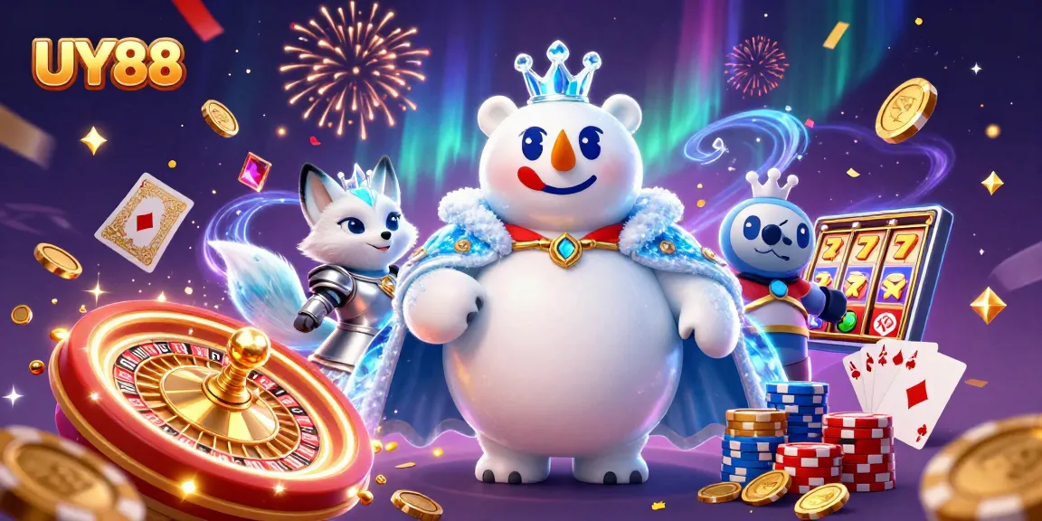 Experience thrilling gameplay with UY88, featuring a polar bear king and a snow fox amidst a casino wonderland.