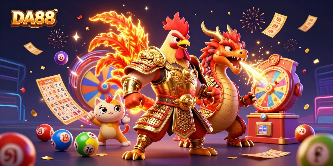 DA88-themed casino illustration featuring a warrior rooster and dragon with colorful lottery elements.