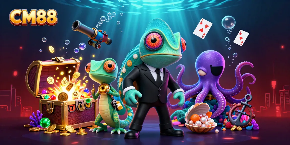 Experience the thrilling world of CM88 with a vibrant underwater casino scene packed with game elements.