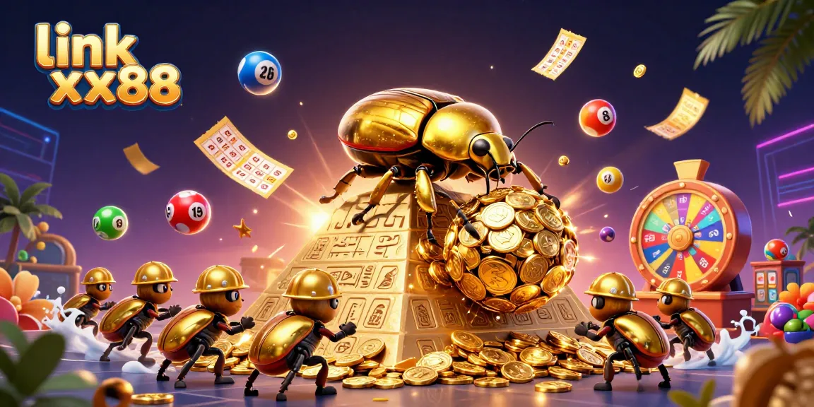 Play exciting games with link xx88, the vibrant golden beetles and casino symbols depict a thrilling experience.