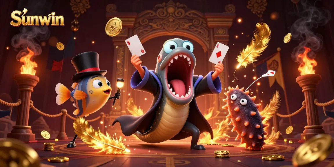 Sunwin showcases a magical scene with unique sea creatures performing tricks, surrounded by a vibrant casino atmosphere.
