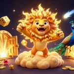 Experience the excitement of Nhà cái Da88 with a vibrant 3D casino illustration highlighting roaring characters and dazzling treasures.