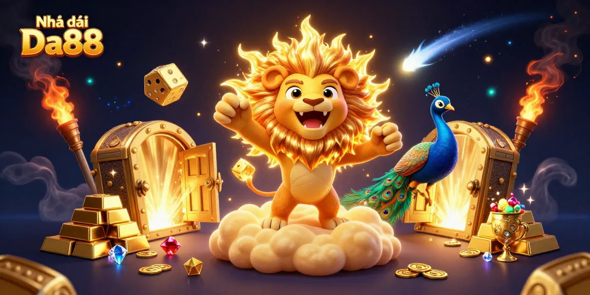 Experience the excitement of Nhà cái Da88 with a vibrant 3D casino illustration highlighting roaring characters and dazzling treasures.