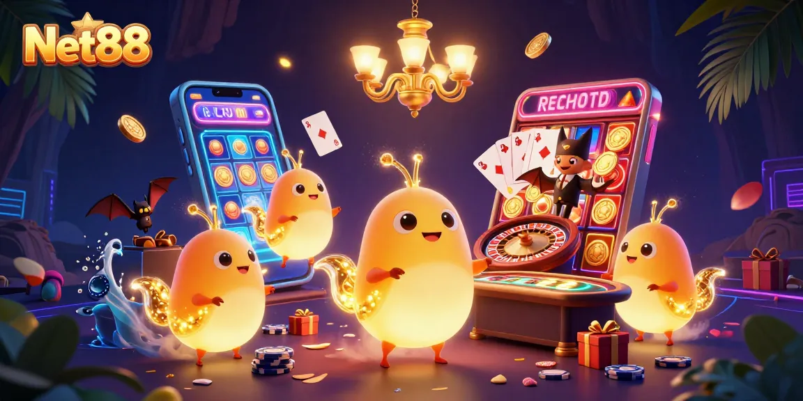 Immerse in the vibrant world of Net88's cave casino illuminated by glowing characters and dynamic gaming elements.