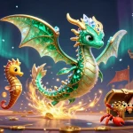 Win88 offers exciting gameplay in a vibrant casino scene with a sea dragon and treasure chest.