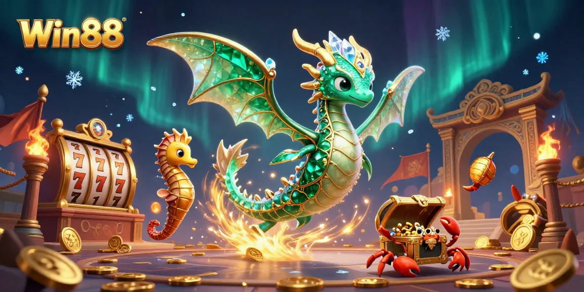 Win88 offers exciting gameplay in a vibrant casino scene with a sea dragon and treasure chest.