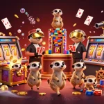 Experience excitement at LUCKY88 with meerkats running a thrilling casino scene amidst gold and gems.