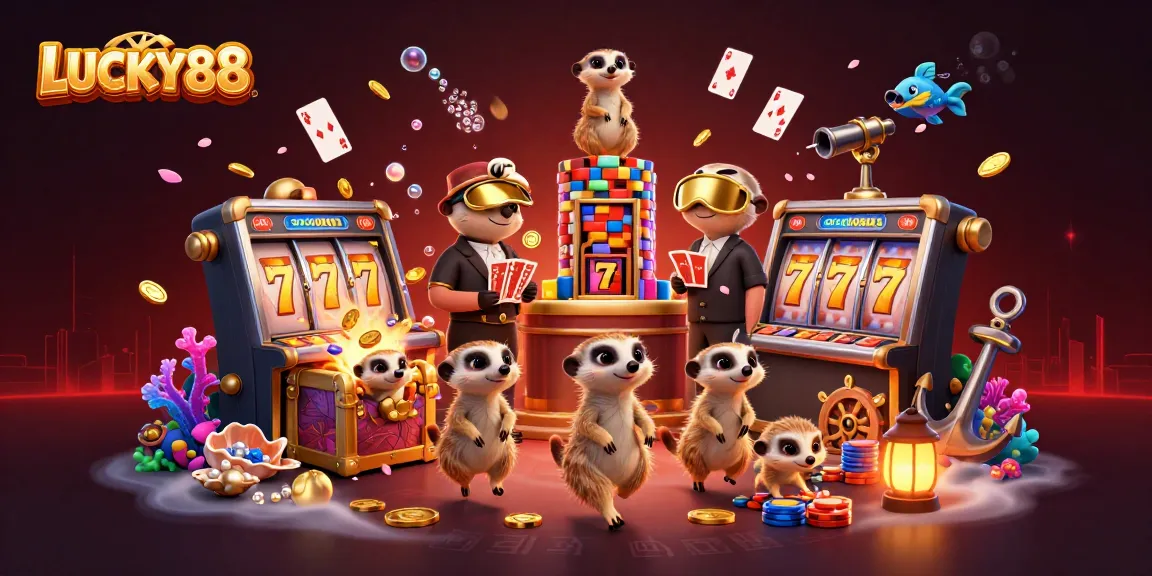 Experience excitement at LUCKY88 with meerkats running a thrilling casino scene amidst gold and gems.