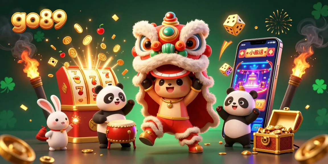 Win big at go89 with a vibrant 3D casino scene featuring a lion dance and jackpot excitement.