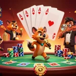 dabet offers a vibrant comedy casino scene with hyenas amid colorful poker chips and cards.
