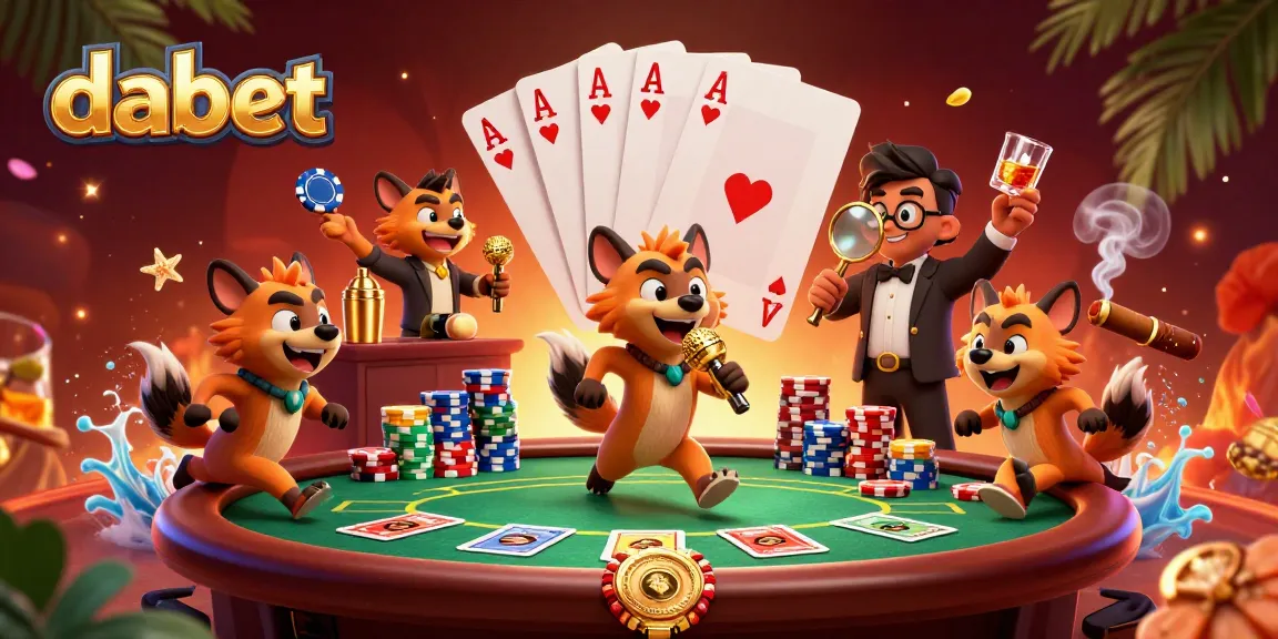 dabet offers a vibrant comedy casino scene with hyenas amid colorful poker chips and cards.