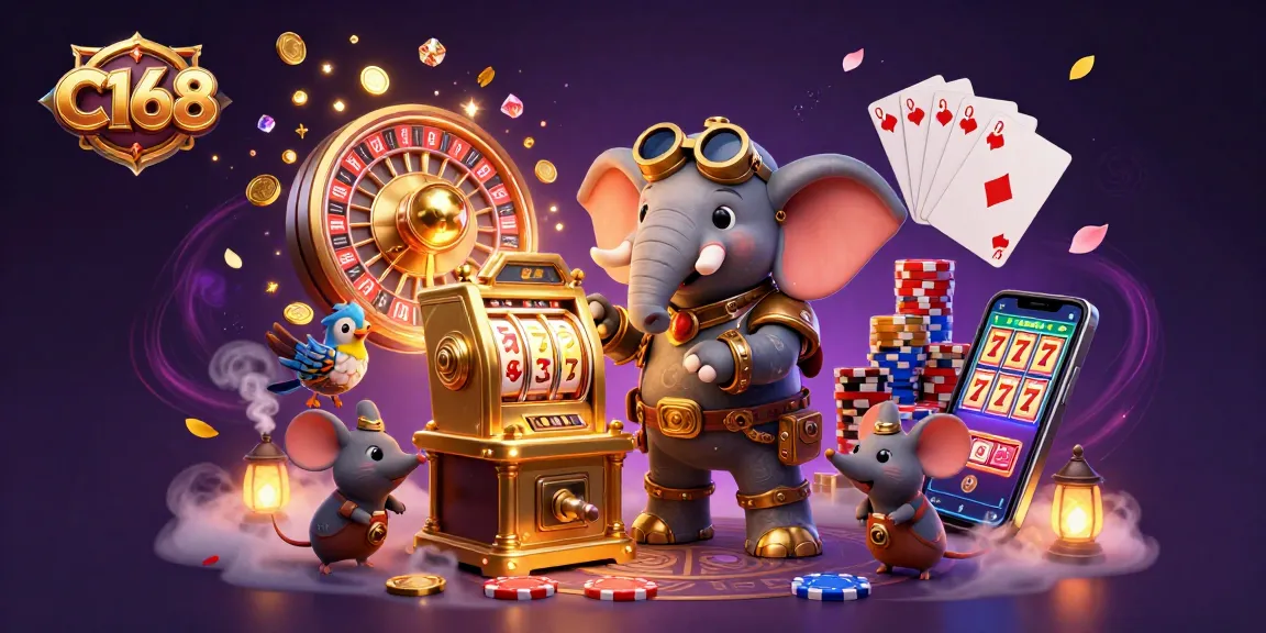 C168 jackpots gleam as steampunk characters spin the slot machine amid flying coins and gems.
