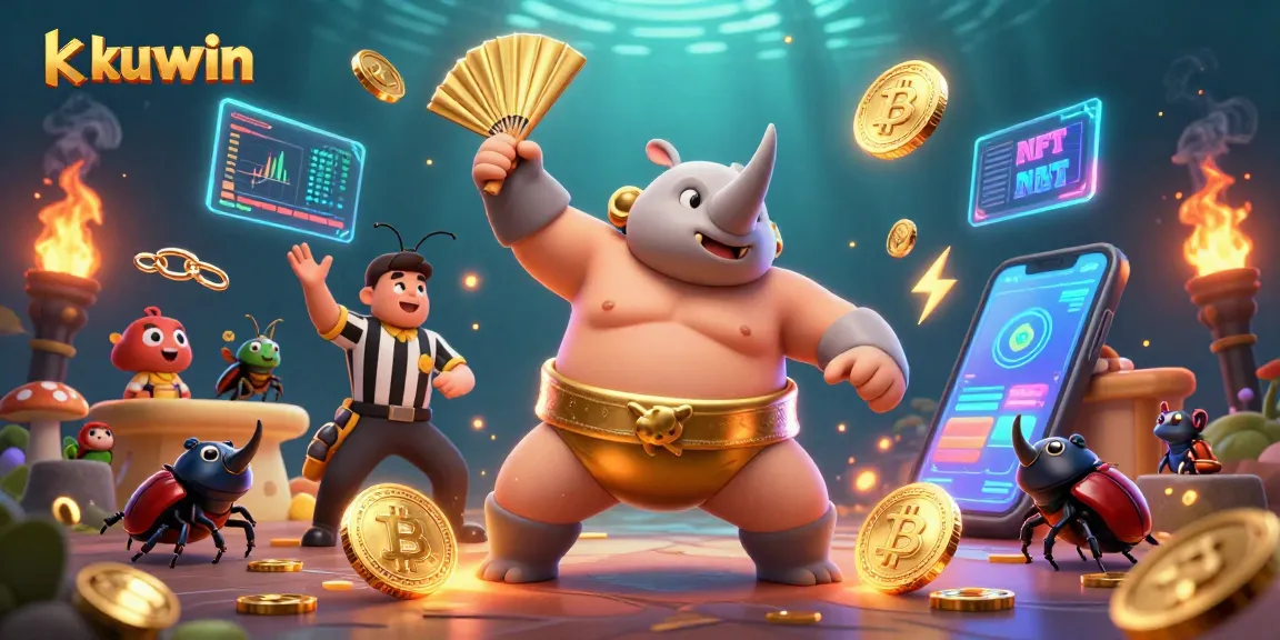 Kuwin's vibrant online casino scene featuring a rhinoceros beetle sumo champion stomping gold coins amidst crypto elements.