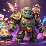 Experience excitement with tr88 as the brave hamster knight rides the magical golem amidst a vibrant casino scene.