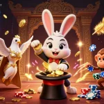 Spin and win at bl555 with a whimsical 3D gaming scene featuring a magician rabbit and a mischievous monkey!