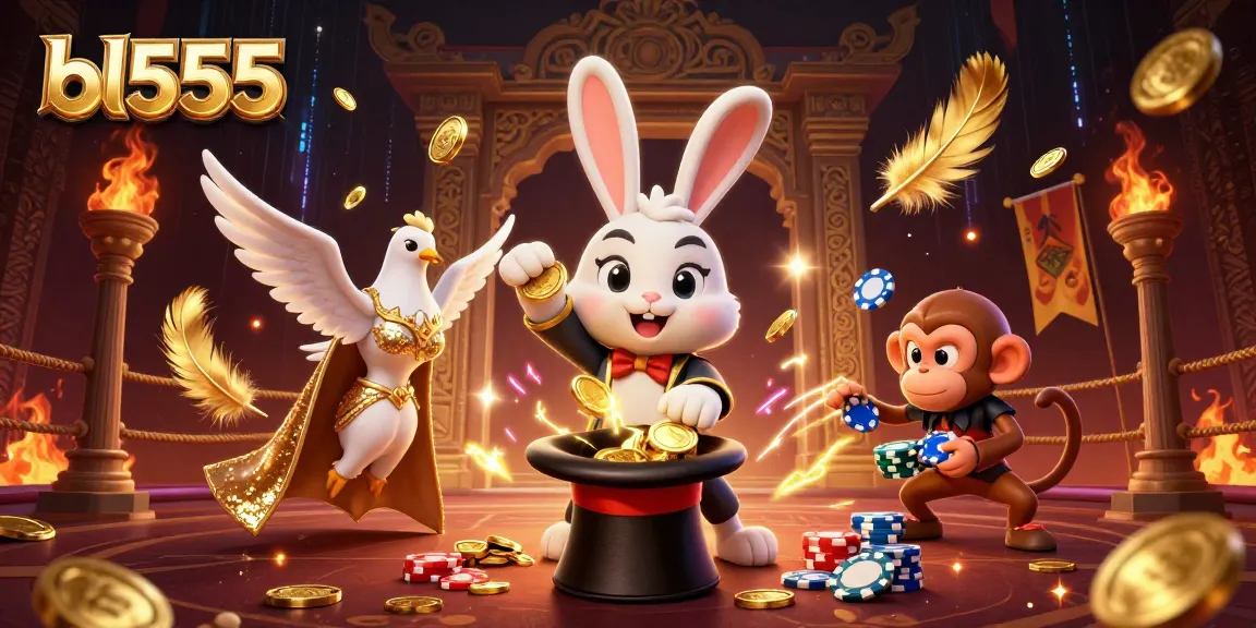 Spin and win at bl555 with a whimsical 3D gaming scene featuring a magician rabbit and a mischievous monkey!