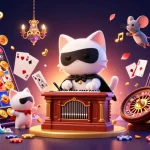 Experience the excitement of tỷ lệ kèo nhà cái with a dynamic casino scene featuring a whimsical cat and vibrant game elements.