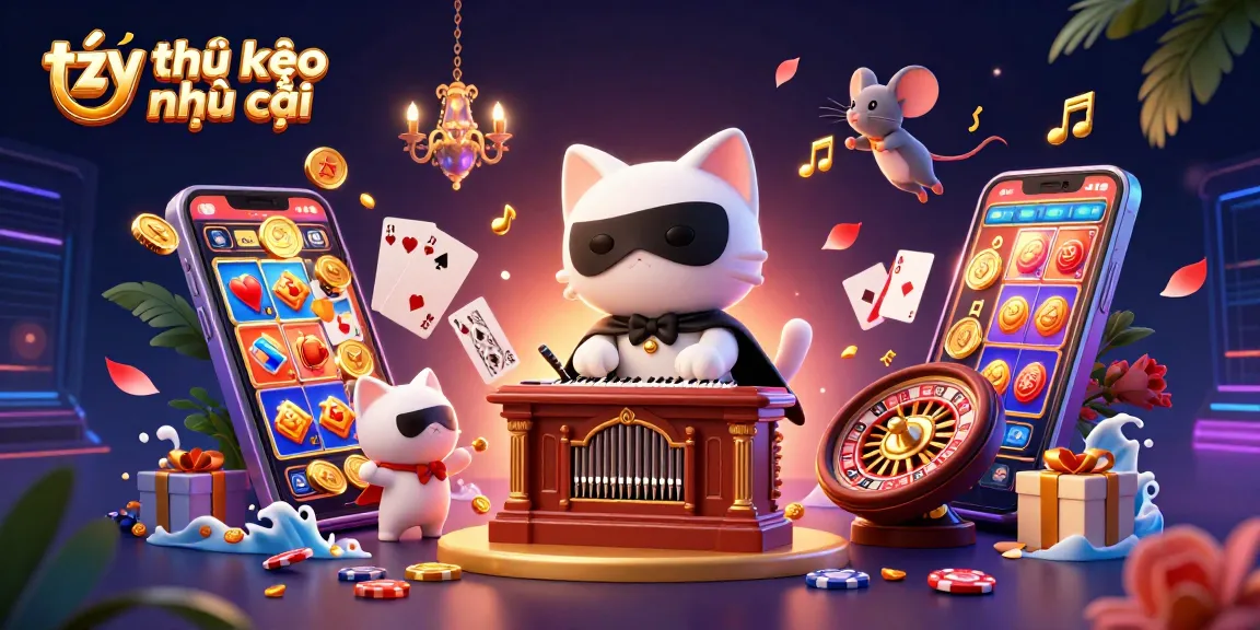 Experience the excitement of tỷ lệ kèo nhà cái with a dynamic casino scene featuring a whimsical cat and vibrant game elements.