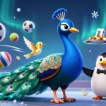 Bet on SV88 with an exciting casino scene featuring a peacock, a penguin, and sports balls.