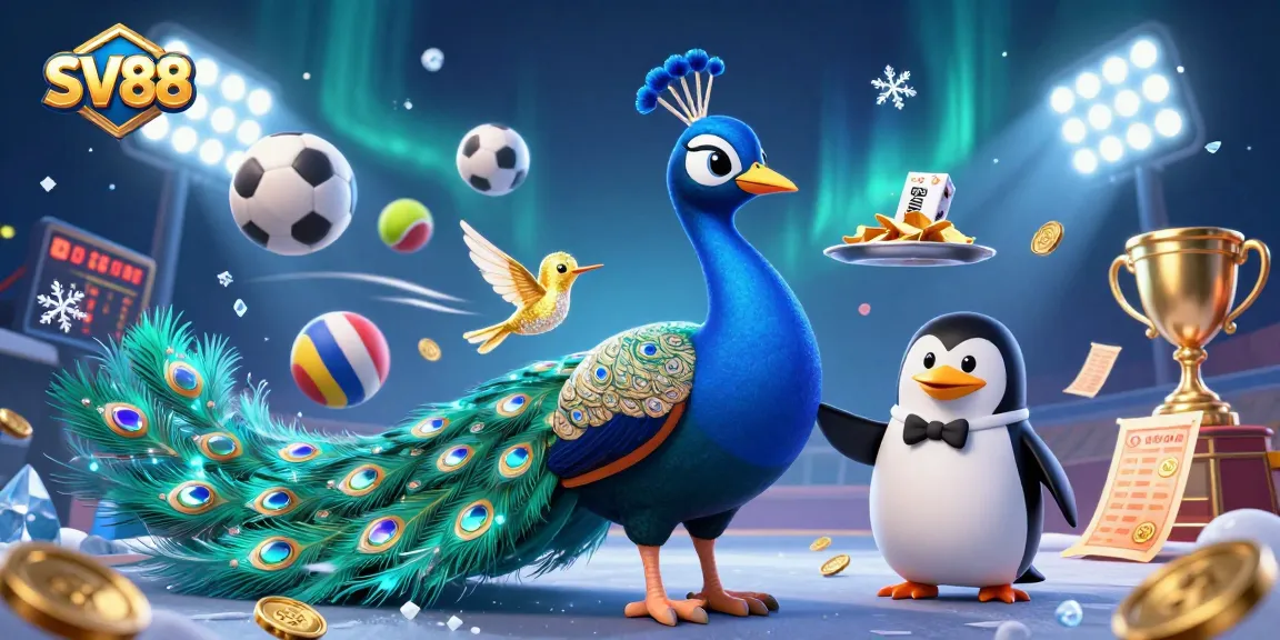 Bet on SV88 with an exciting casino scene featuring a peacock, a penguin, and sports balls.