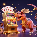 Sky88 jackpot scene with a dinosaur, golden coins, and casino elements in lively action.