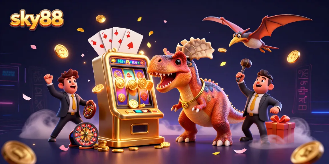 Sky88 jackpot scene with a dinosaur, golden coins, and casino elements in lively action.