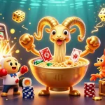 Engage with vmax action as a cartoon ramen dealer interacts with casino games and characters.